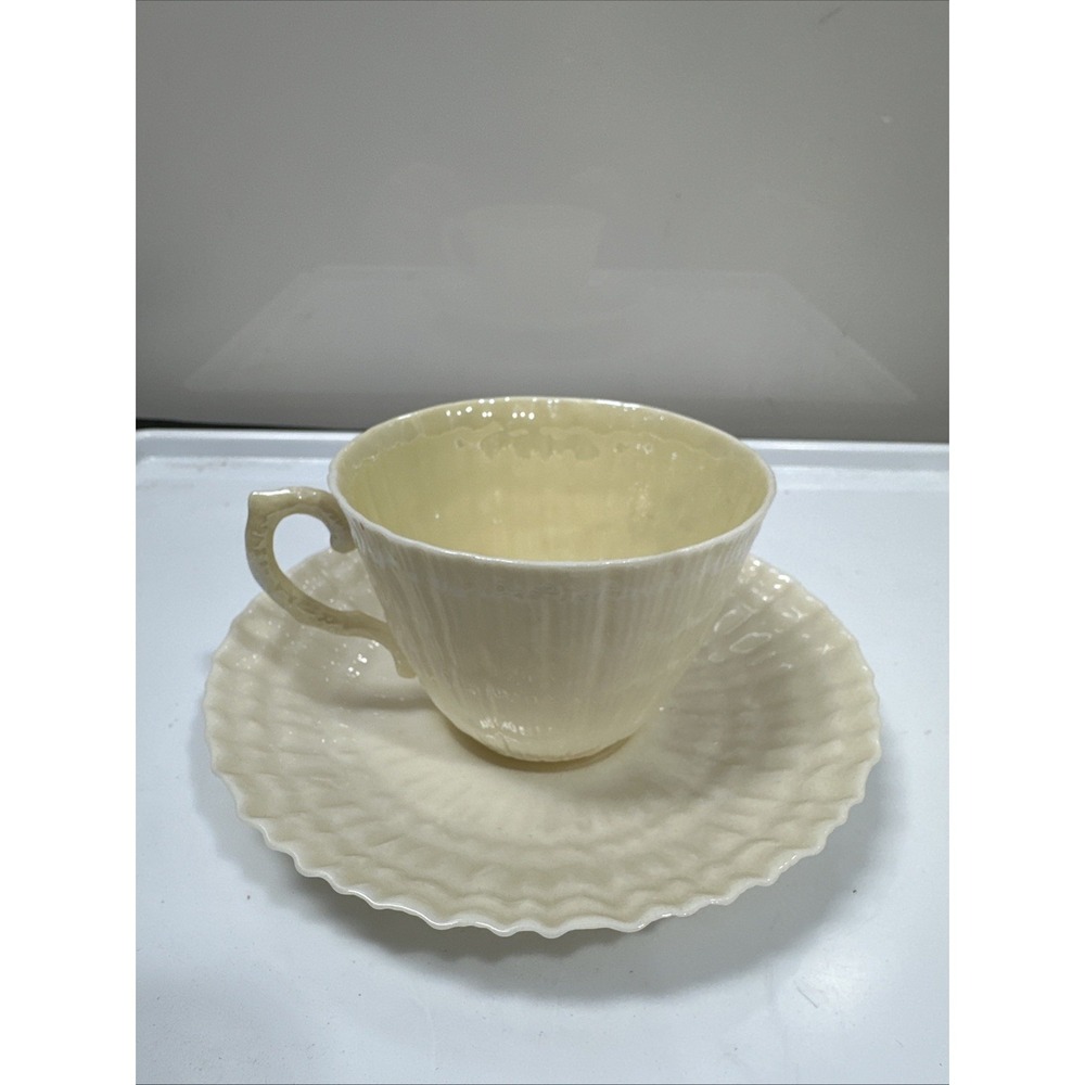 Irish Belleek Limpet Tinted Flat Cup and Saucer Green Mark